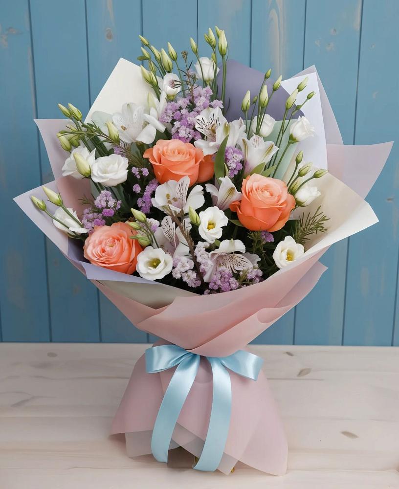 Букет цветов из: Лизиантусы, Розы, Альстромерии и Гипсофила в Бужаниново