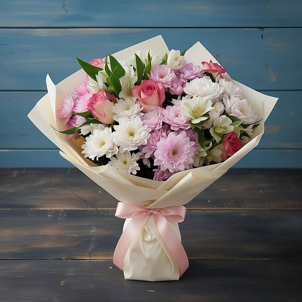 Букет цветов из: Хризантемы, Альстромерии и Розы в Бужаниново